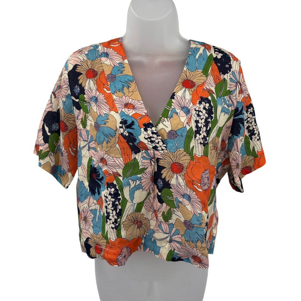 Trovata‎ Birds Of Paradis Floral Linen Short Sleeve V-Neck Crop Blouse Womens XS